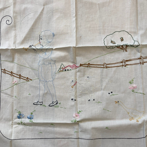 Vintage Embroidered Small Tablecloth Linen Little Boy Blue Blowing Horn Lambs - Picture 11 of 12